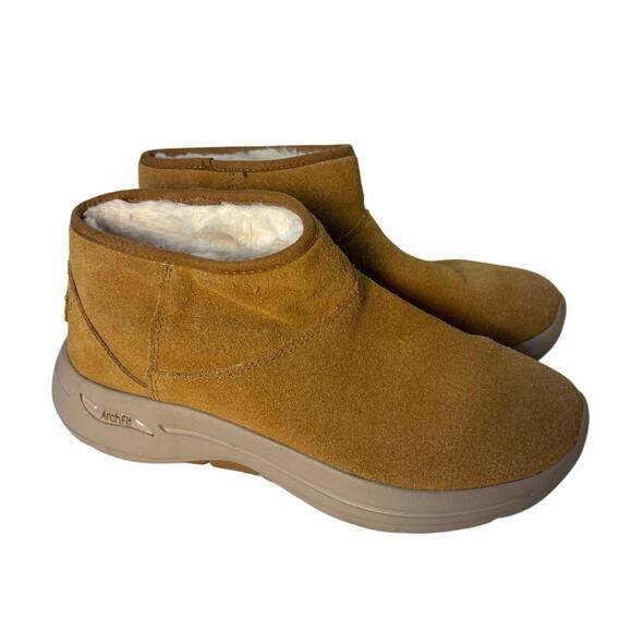 Sketchers Women Ankle Slip Bootie Camel Brown Shearling Snow Suede Boot size 7 - Picture 5 of 8